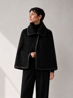 Ports 1961 Black Knit Cape | Leather Trim | structured collar